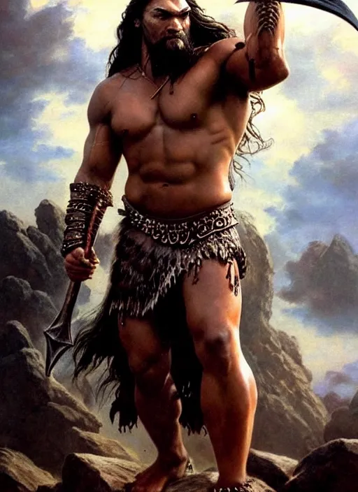 Image similar to beautiful portrait oil painting, jason momoa conan the barbarian thor standing on a rocky hill, wearing a warrior king crown and royal crimson fantasy ornate spartan dragon scale armor, wet skin and hair, muscular!!!, battle action pose, frank frazetta, boris vallejo, greg rutkowski, beautiful cinematic light, low angle, greg rutkowski, high contrast