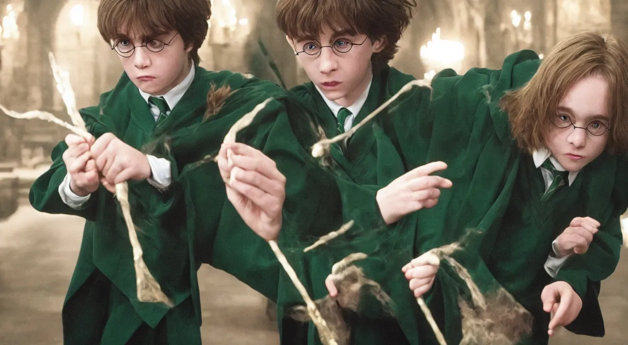 Image similar to slytherin harry potter doing lumos with his eyes closed