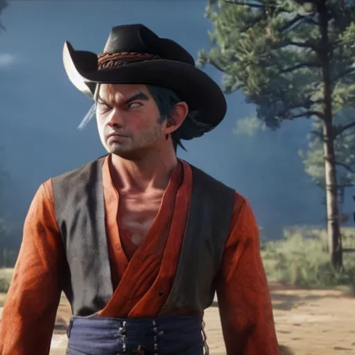 Prompt: goku wearing a cowboy hat in red dead redemption 2, a screenhot from a game, rdr 2