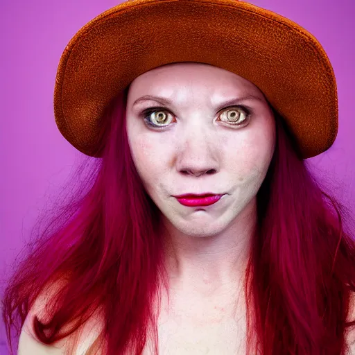 Image similar to Portrait of a with red hair and a purple hat who cries with tears of blood, 50 mm, hyper-realistic, 8K HDR.