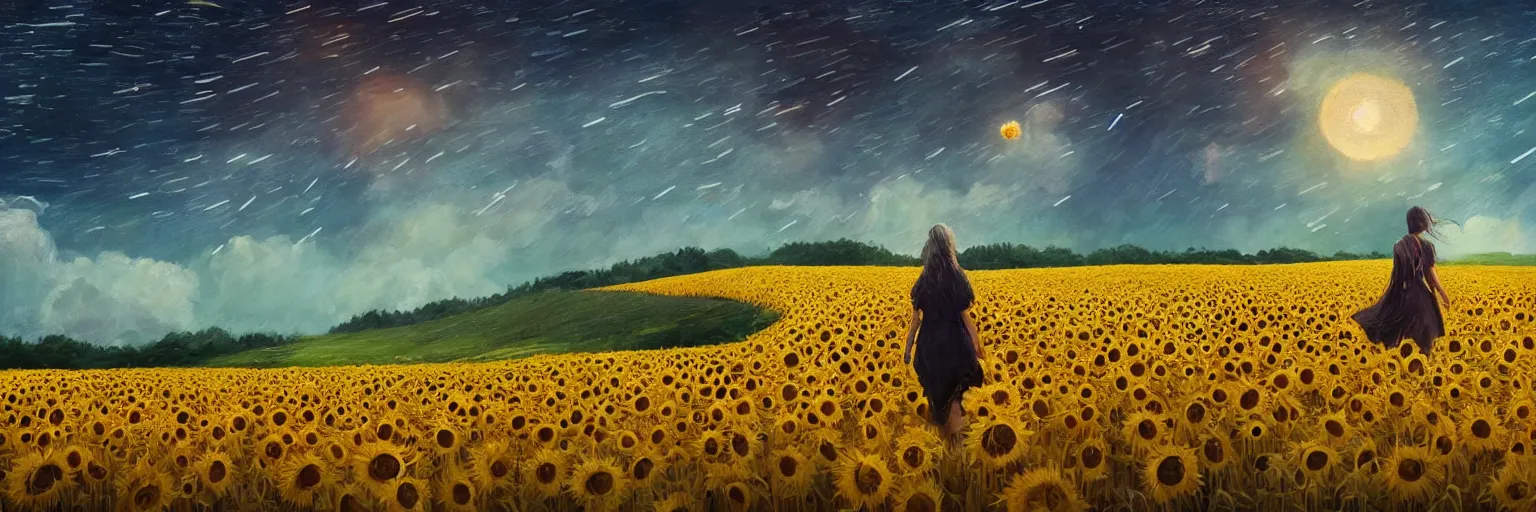 Image similar to giant sunflower as a head, girl walking in wheat field, hills, surreal photography, dark night, star trails, dramatic light, impressionist painting, clouds, digital painting, artstation, simon stalenhag