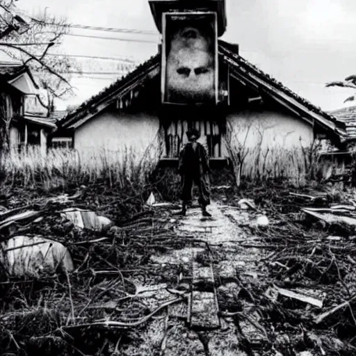 Image similar to horror movie about japanese world wae soldier ghost in abandoned town, realistic