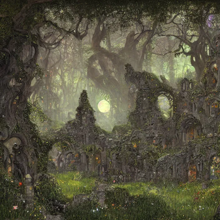 Image similar to ancient overgrown! ruins lit by moonlight!, twilight, medieval gates, runestones, beautiful lanters, mysetrious etherial mesmerizing runic!! cat eyes, magical elven geometry, concept art by gustav klimt!, deviantart contest winner, environmental art, high detail, intricate masterpiece