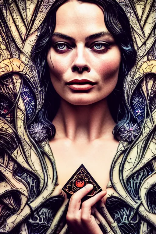 Prompt: Cinestill 50d, 8K, highly detailed, major arcana H.R Giger art nouveau nightmare Agnieszka Lorek tarot star card style 3/4 extreme closeup portrait of margot robbie, eye contact, focus on model, tilt shift background: famous major arcana tarot remake, transformation scene