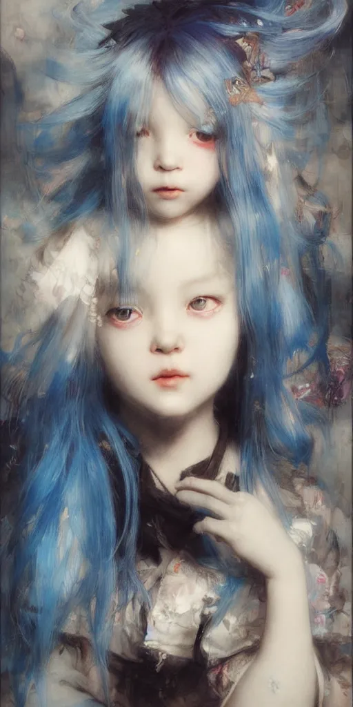 Image similar to little girl with blue hair. By Ruan Jia. Ayami Kojima. Masterpiece