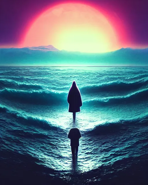 Image similar to a person wearing a white cloak standing in the water. a large planet is overhead. an album cover by stanley twardowicz, trending on cg society, retrofuturism, retrowave, chillwave, synthwave