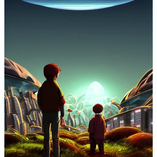 Image similar to highly detailed cell - shaded cartoon landscape with two boys looking at a miniature ufo 1 9 8 0 s science fiction, 1 9 7 0 s science fiction, cyberpunk, moody, misty, depth perception, 4 k, artstation, in the style of studio ghibli