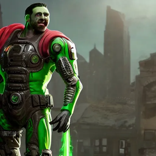 Image similar to pickle rick as superman in gears of war, splash art, movie still, detailed face, photorealistic facial features, cinematic lighting, dramatic, octane render, long lens, shallow depth of field, bokeh, anamorphic lens flare, 8 k, hyper detailed, 3 5 mm film grain