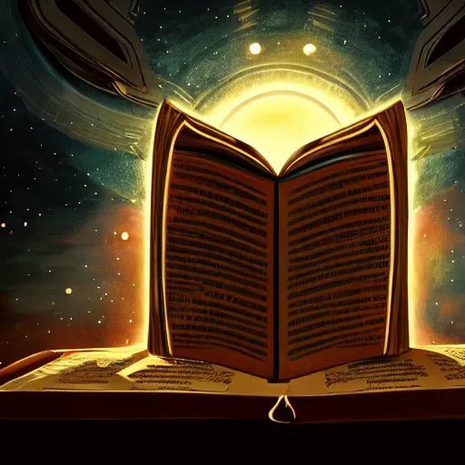 Prompt: front facing symmetrical shot of an ancient book on a vintage table in space, concept art, sci - fi illustration, painting, realistic,, radiant light, detailed and intricate environment, 8 k, h 6 4 0