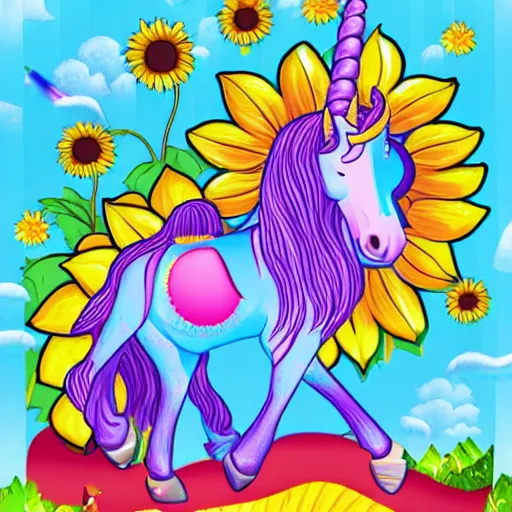 Prompt: a sunflower emoji, unicorns im background, candyland.