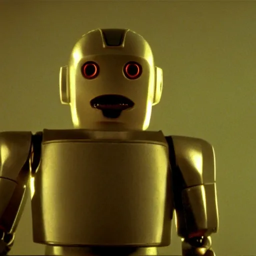 Image similar to movie scene of a man with a robot head screaming, movie still, cinematic composition, cinematic light, criterion collection, reimagined by industrial light and magic, Movie by David Lynch and Ridley Scott