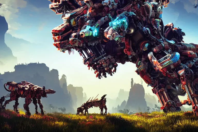 Image similar to grazer machine mecanical creature robot of horizon forbidden west horizon zero dawn bioluminiscence global illumination ray tracing hdr fanart arstation by ian pesty and alena aenami artworks in 4 k