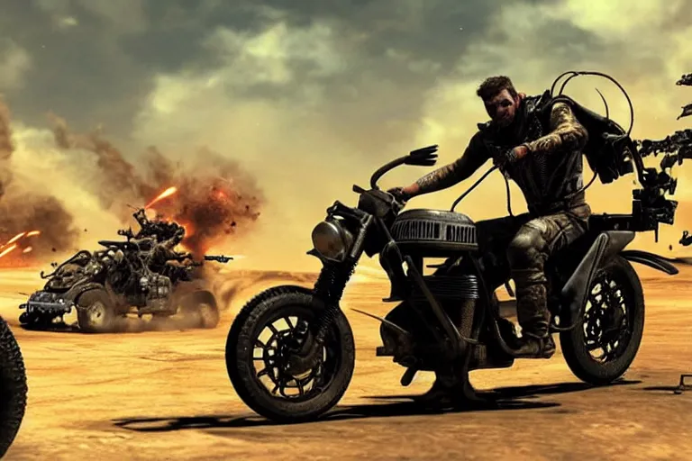 Image similar to mad max riding his interceptor in space, fighting mutants on space bikes, action - scene, very detailed, high octane