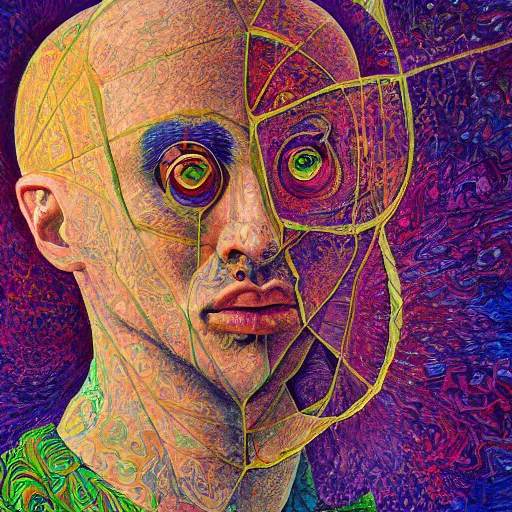 Prompt: a very high hyper - detailed painting with complex textures of a man mystic metaphysical poet student of alchemy has a war against his ego and a desire for transcendental knowledge, he is a destroyer of the established material and connoisseur of other two different worlds, psychedelic surreal conceptual magical realism