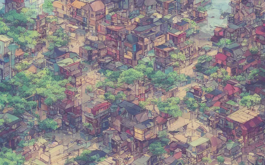 Image similar to a japanese city near the sea, lofi, dreamy, moody, very colorful, anime inspiration, ghibli vibe