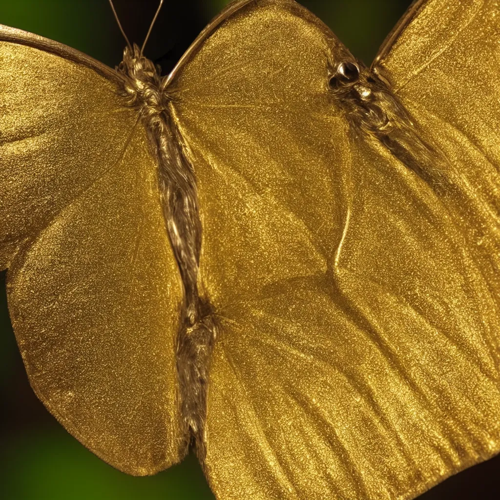 Prompt: shiny metallic butterfly on a maple leaf, macro photo, detailed, spot lighting, high detail