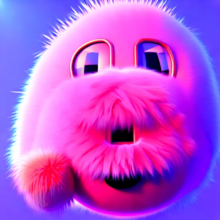 Image similar to high quality 3 d render hyperrealistic very cute big spherical creature, mustache, plush mascot, short spiky dense fluffy smooth hair, isometric 3 d, psychedelic lighting pink fluffy fur 1 cm long, 1 5 0 mm, smooth background, artstation, ultra detailed, elegant, ultra detailed, octane render