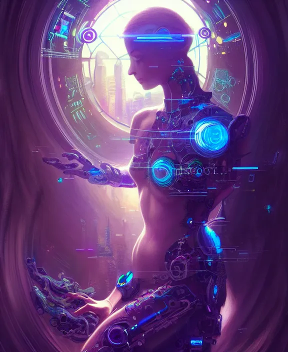 Image similar to a whirlwind of souls rushing inside the metaverse, hologram, half body, neurochip, shaved temple, piercing, jewelry, android, cyborg, cyberpunk face, by loish, d & d, fantasy, intricate, elegant, highly detailed, colorful, digital painting, artstation, concept art, art by artgerm and greg rutkowski and alphonse mucha