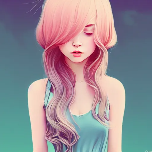 Image similar to young female in summer dress art, pastel light pink long hair, muted colors, matte print, pastel colors, ornate, digital art, digital painting, fan art, elegant, artstation, head is centered, by Ilya Kuvshinov