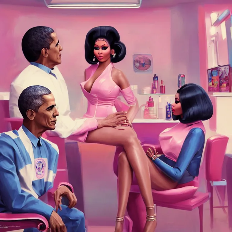 Image similar to 1 9 6 0 s concept illustration portrait of nicki minaj sitting next to barack obama in a barbershop. cinematic scene. volumetric lighting, flat style, pastel colors, hyper detailed. octane render. concept art. trending on artstation.