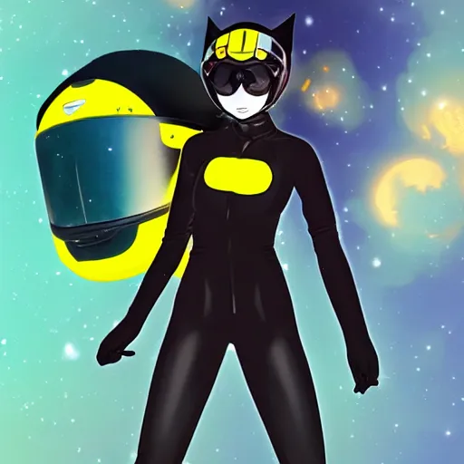 Image similar to black suit catgirl yellow motorcycle helmet, floating through galaxy, celty sturluson