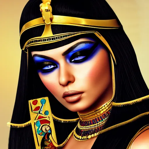 Prompt: portait egyptian princess haifa wehbe as cleopatra, centred, very long hair, hd, unreal engine, art digital painting, final fantasy style, amazing background theme