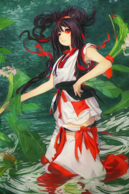 Image similar to hakurei reimu from touhou project floating on the water at night, plants, green and orange theme, s line, 4 5 angel by krenz cushart and mucha and akihito yoshida and greg rutkowski, 4 k resolution