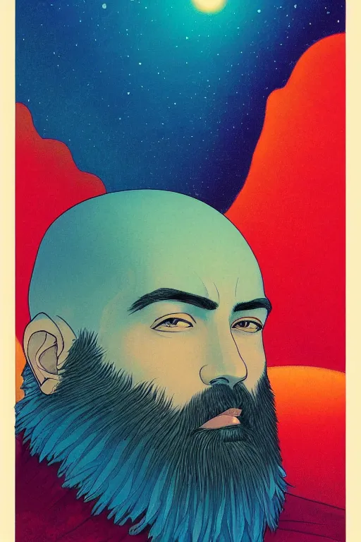 Image similar to a colorful closeup portrait of a young bald man with a huge beard and dreaming psychedelic hallucinations in the vast icy landscape of antarctica, by kawase hasui, moebius and edward hopper, colorful flat surreal design, hd, 8 k, artstation