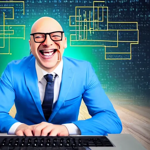 Image similar to Funny Realistic Bald Man is laughing wearing a blue suit and has a pyramidal mustache while hacking into a computer with his golden retriever, neon green glow background, hands fast typing on keyboard, matrix code background