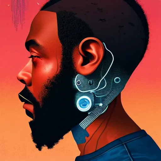 Image similar to a portrait of a black man :: side profile blood :: background sea :: intricate details :: futuristic oxygen mask :: 8k :: simon stalenhag and Sandra Chevrier