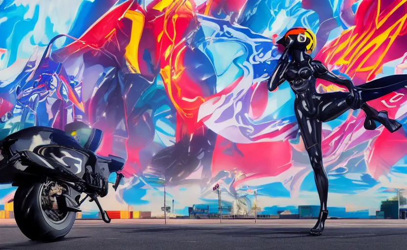 Image similar to billboard advertisement with an extremely beautiful photo of a black marble statue of an anime girl with colorful motocross logos and motorcycle helmet with closed visor, colorful smoke in the background, carved marble statue, fine art, neon genesis evangelion, virgil abloh, offwhite, denoise, highly detailed, 8 k, hyperreal