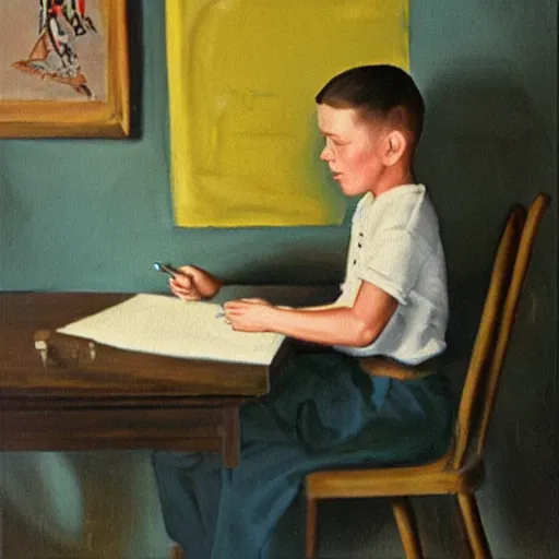 Prompt: 1950 painting of a boy writing a letter