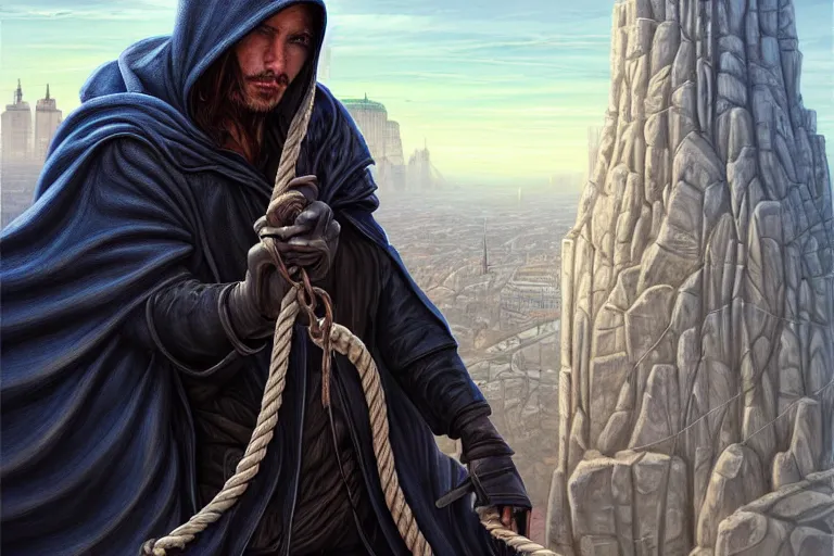 Image similar to landscape painting of a hooded thief in leathers using a rope to climb a tall building with a fantasy city, fine details, magali villeneuve, artgerm, rutkowski
