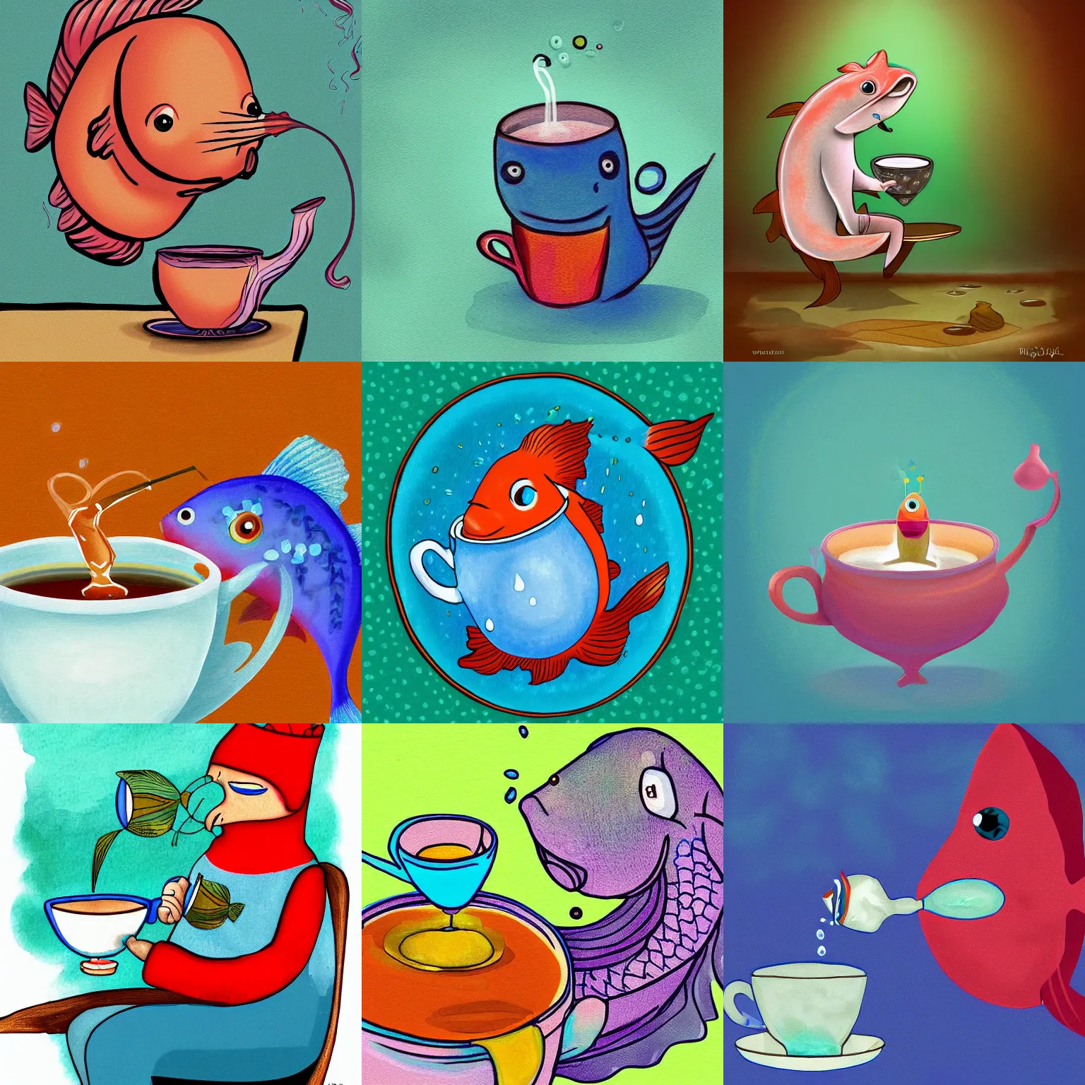 Image similar to a digital painting of a magical fish drinking a cup of tea