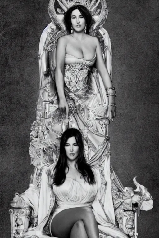 Image similar to Monica Bellucci as a Goddess sitting on a throne