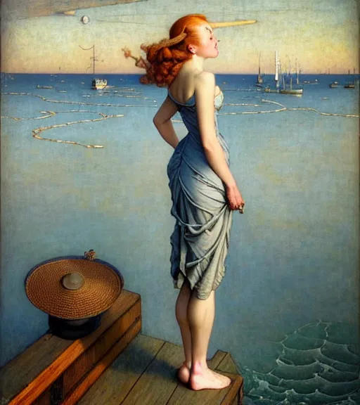 Prompt: a fancy beautiful young lady standing on a wharf at the edge of the sea by brom and gil elvgren and jean delville and william blake and norman rockwell and michael whelan, crisp details, hyperrealism, high detail, high contrast, low light, grey mist, cobblestones, dim lantern