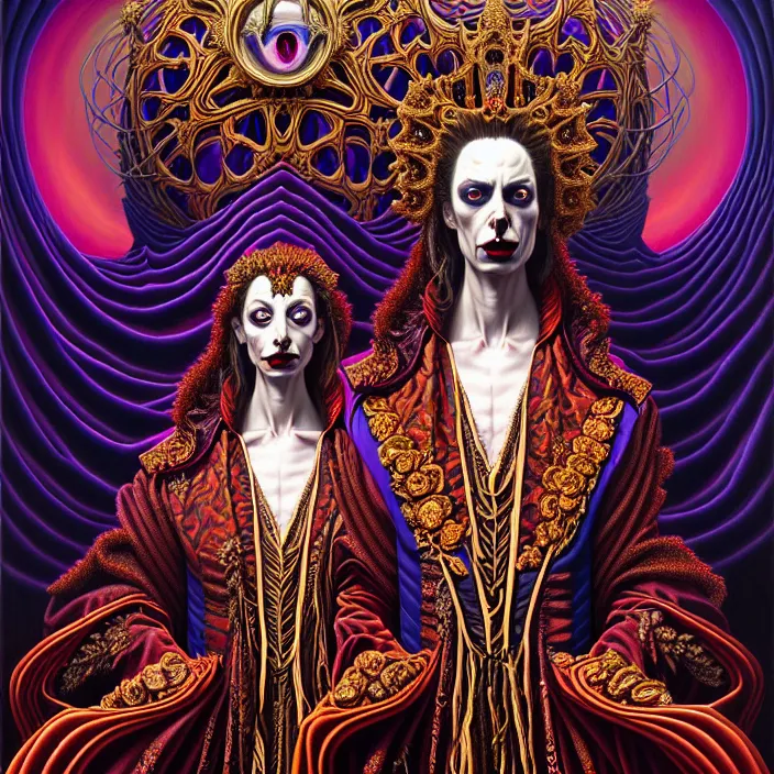 Prompt: beautiful oil painting, full length portrait of vampire in baroque coronation robes 1701, Dan Mumford, Dan Mumford, Alex grey, hyacinthe rigaurd, highly detailed , lsd visuals, dmt fractal patterns, visionary art, psychedelic art, ornate, vaporwave, baroque, Greg rutkowski