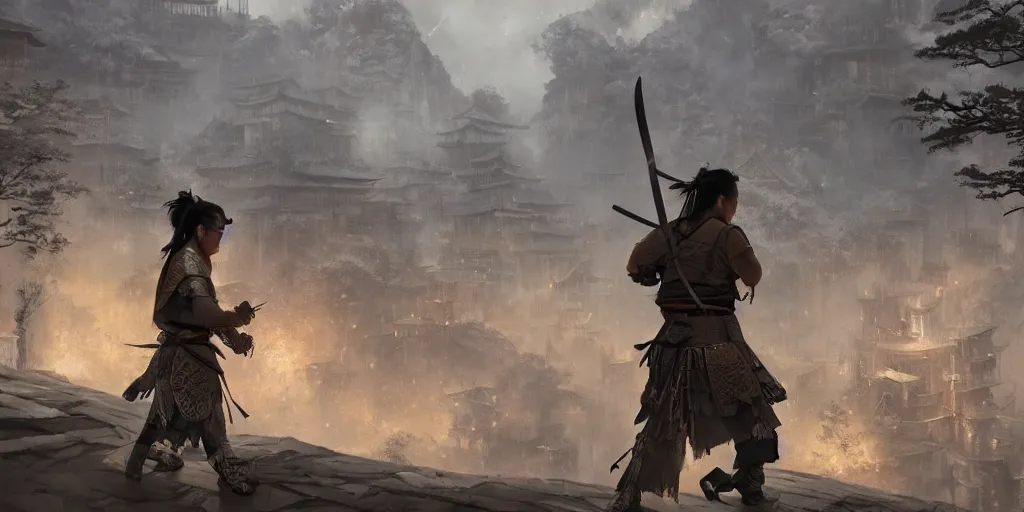 Image similar to A samurai is searching a new hidden city, a fantasy digital painting by Greg Rutkowski and James Gurney, trending on Artstation, highly detailed, hyperrealistic, realistic, photorealistic, dynamic lighting, highly detailed, cinematic landscape, studio landscape, studio lighting