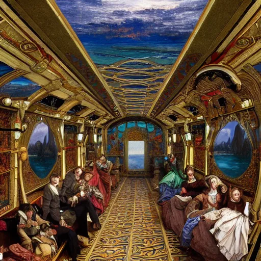 Image similar to clear detailed painting of the inside of the ornate underwater train to atlantis, various weird and wonderful characters sat down, by william powell frith and and frederic leighton, ultra wide angle, 4 k