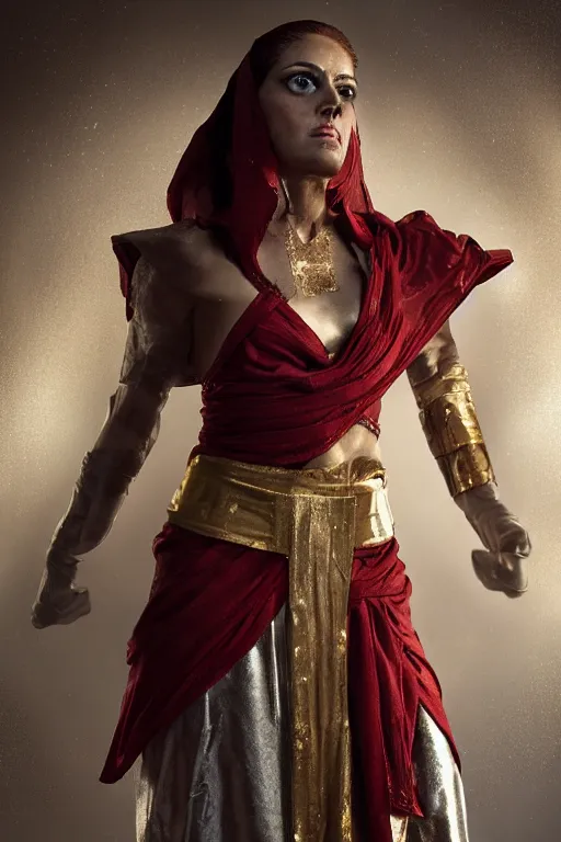 Prompt: portrait of super strong iranian woman wearing a toga. smooth simple silver and bronze armour, deep focus d & d fantasy, elegant porcelain skin highlights, freckles, by darrell k. sweet and edd cartier, greg rutkowski, bollywood action movie poster. title : fitewife. red - gold hair. sharp focus on face.