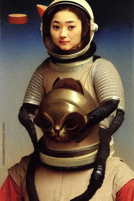 Image similar to portrait of a cat astronaut with japanese armor and helmet, by bouguereau