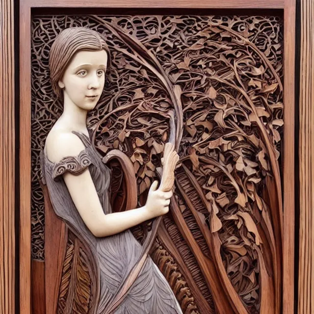 Image similar to a 3 d bas - relief wooden mahogany art nouveau carved sculpture of a young millie bobby brown or alicia vikander with long hair blowing in the wind, in front of a delicate tracery pattern, intricate and highly detailed, well - lit, ornate, realistic, polished with visible wood grain