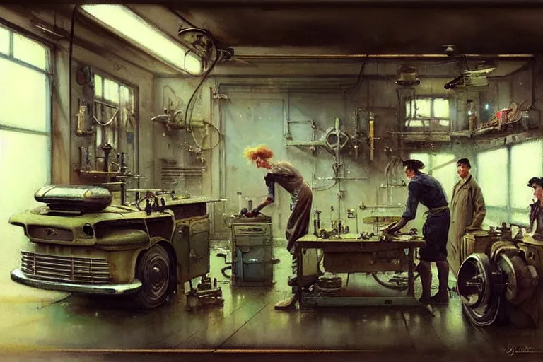 Image similar to ( ( ( ( ( 1 9 5 0 s retro science fiction mechanics shop interior scene. muted colors. ) ) ) ) ) by jean - baptiste monge!!!!!!!!!!!!!!!!!!!!!!!!!!!!!!