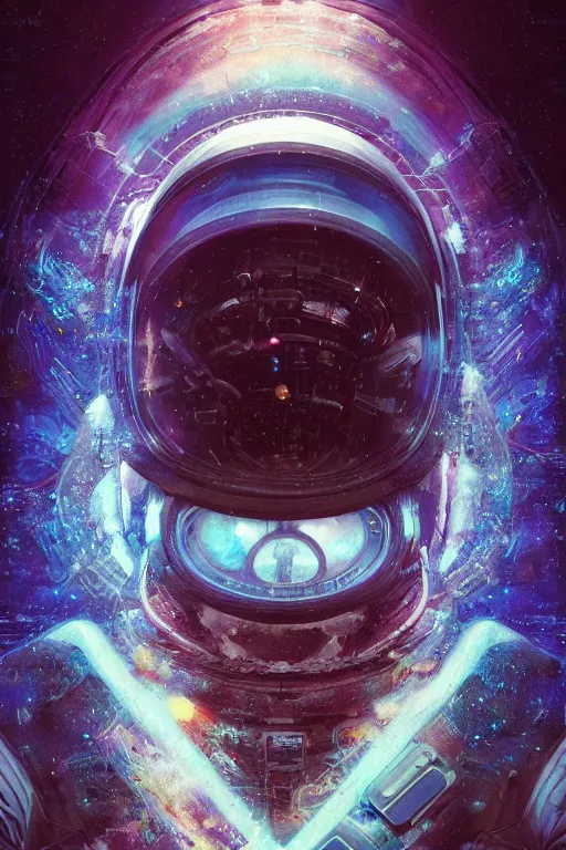 Prompt: portrait of a sloth, celestial. intricate abstract. cyberpunk, vhs glitch. glorious cosmic helmet. intricate artwork. immaculate. holy. empty oxygen tank. by wlop, Antoine Collignon, dan mumford. octane render, CGSociety, dan witz very coherent symmetrical artwork. cinematic, hyper realism, high detail, octane render, 8k, iridescent accents, deep color