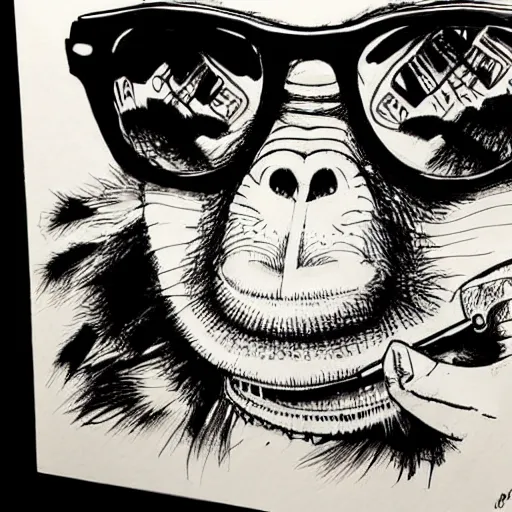 Prompt: monkey with sunglasses intricate ink drawing, highly detailed in the style of Ashley Wood