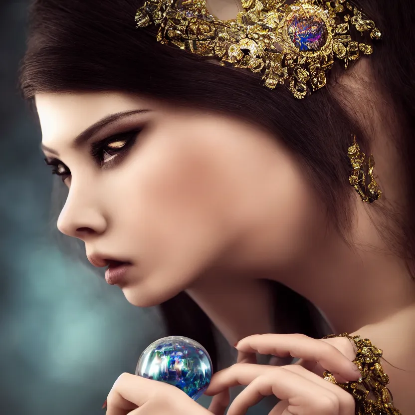 Image similar to most beautiful woman gazing into a crystyal ball she is holding, hyper attractive, seductive, very complex, hyper - maximalist, overdetailed, legendary cinematic, archetype with timeless beauty breathtaking eyes, highly intricate, realism, perspicious detail, photorealistic, lifelike, dslr 8 k, unbeatable coherency, sakimichan, deviantart