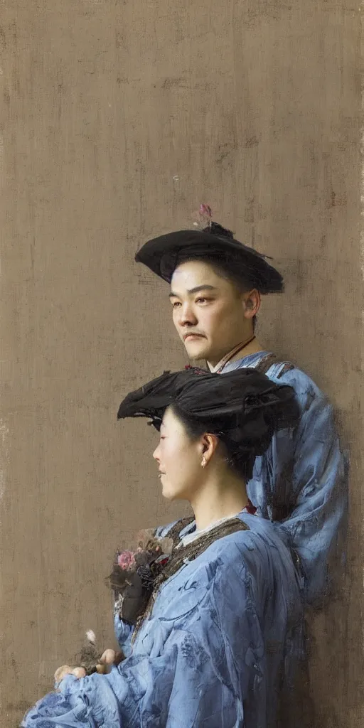 Image similar to di caprio by Solomon Joseph Solomon and Richard Schmid and Jeremy Lipking victorian genre painting full length portrait painting of 张国荣 in traditional costume