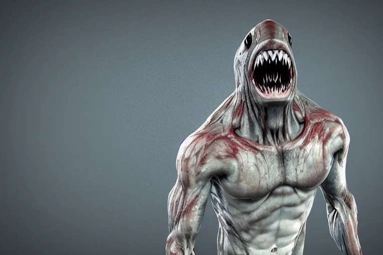 Image similar to half human half shark made of muscles and flesh, very angry, teeth, ambient light, terror, glows, realistic, photo - realism, hyper realism, picture, detailed, 3 d render, scary, distant shot, in the distance,