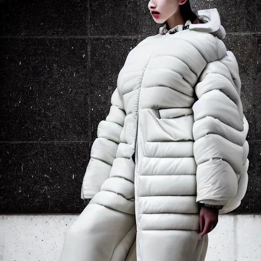 Image similar to well lit fashion shoot portrait of extremely beautiful female marble statue wearing huge over size puffer jacket by dingyun zhang, yeezy, balenciaga, vetements, a cold wall, sharp focus, clear, detailed,, cinematic, detailed, off white, glamourous, symmetrical, vogue, editorial, fashion, magazine shoot, glossy