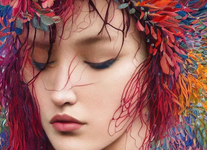 Image similar to bella hadid, exterior botanical garden, portrait face, colorful, in the style of frantisek kupka, intricate, miles johnston, kuroda seiki, cynical realism, ozabu, john william godward, painterly, yoshitaka amano, moebius, beautiful lighting, miles johnston, klimt, louise zhang, james jean